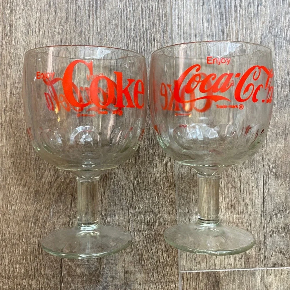Vintage Coca-Cola Red Logo Thumbprint Glass Goblets Set of 2 Clear 6 Inch 1970s